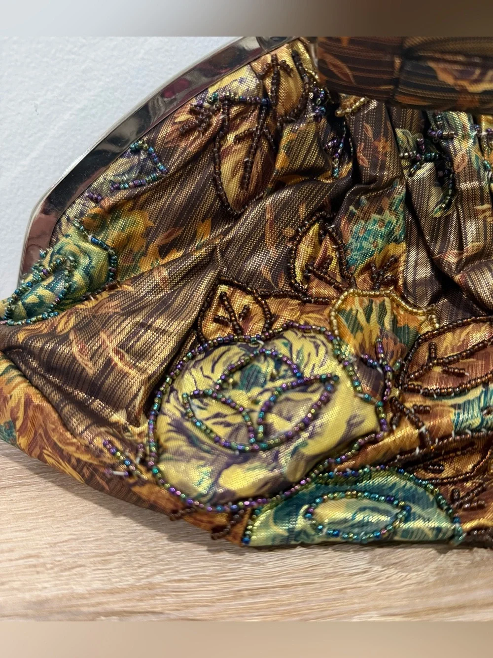 Vtg INS Metallic Brocade Floral Beaded Evening Bag Gold Brown Kiss Lock Clutch